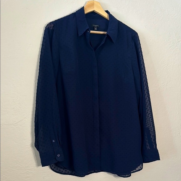 Talbots ClipDot Blue Sheer Sleeve Button Down Blouse Career Evening Petite Large - Picture 2 of 10